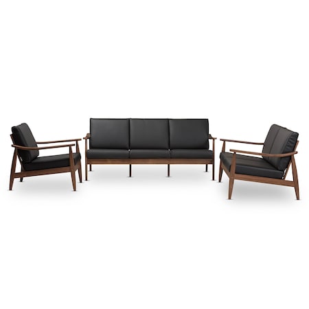 Baxton Studio Venza Walnut Wood Black Faux Leather 3-Piece Livingroom Set 140-7552-7553-7554